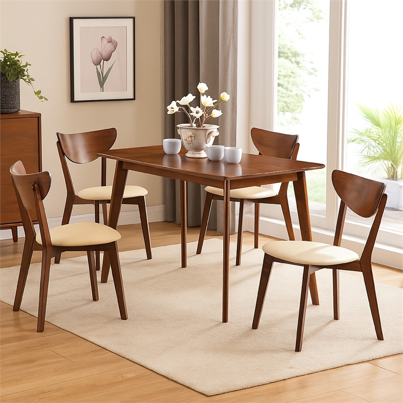 Pemberly Row 5 Pc Dining Table & 4 Chair Set in Chestnut Brown Tan Faux Leather