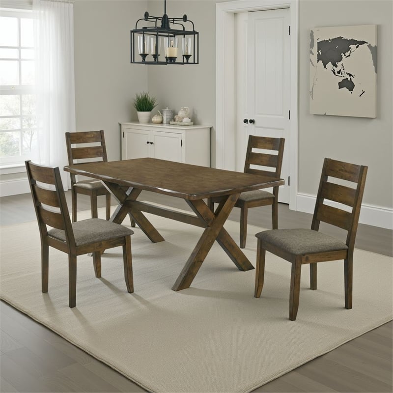 Pemberly Row 5 Pc Dining Table Set in Nutmeg Brown Finish 4 Padded Side Chairs