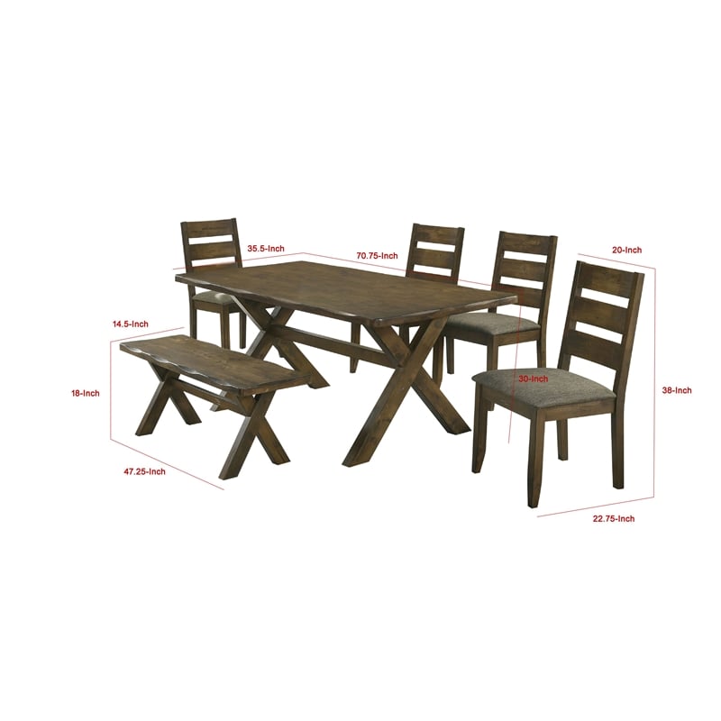 Pemberly Row 6 Piece Dining Table Set in Nutmeg Brown 4 Padded Chairs and Bench