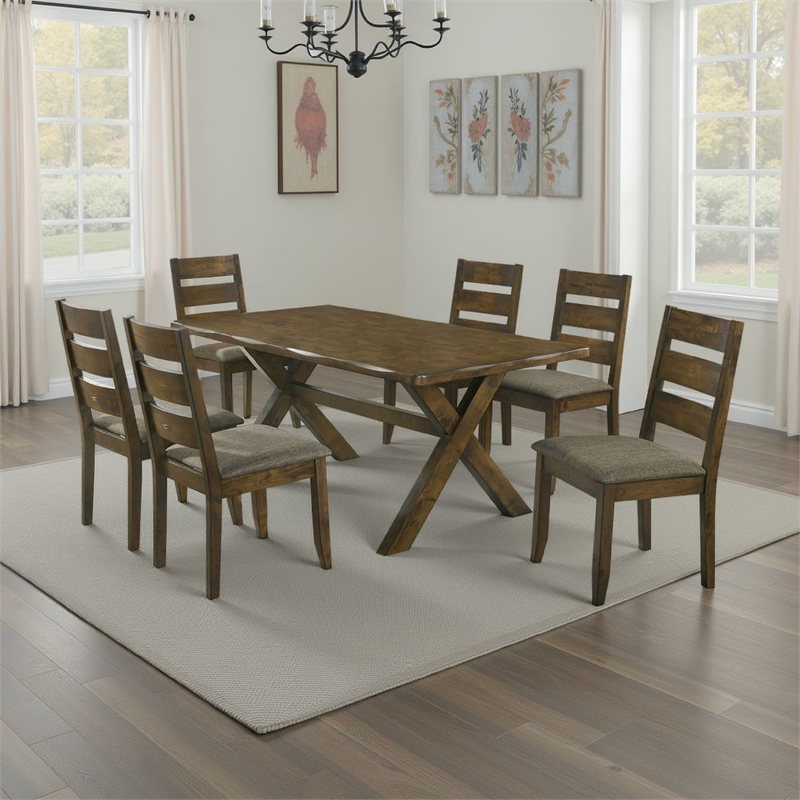 Pemberly Row 7 Pc Dining Table Set in Nutmeg Brown Finish 6 Padded Side Chairs