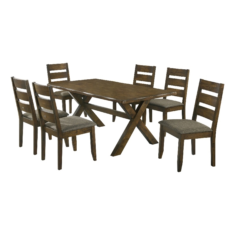 Pemberly Row 7 Pc Dining Table Set in Nutmeg Brown Finish 6 Padded Side Chairs