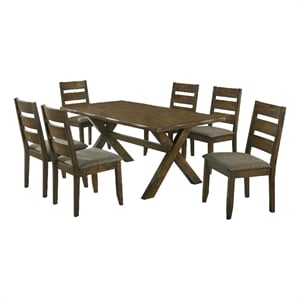 Pemberly Row 7 Pc Dining Table Set in Nutmeg Brown Finish 6 Padded Side Chairs