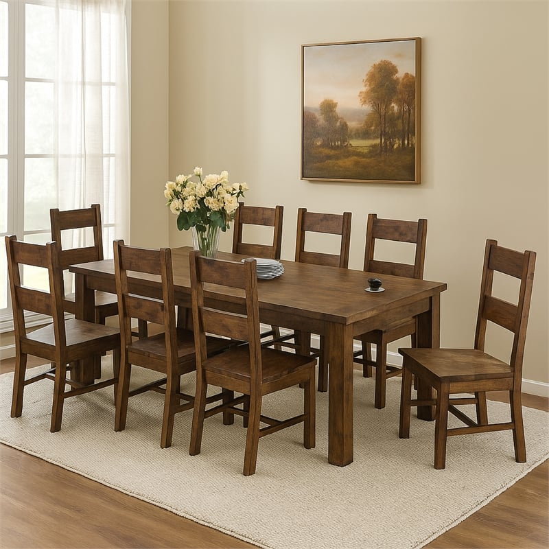 Pemberly Row 9 Pc Dining Table Set 8 Ladderback Side Chairs Rustic Golden Brown