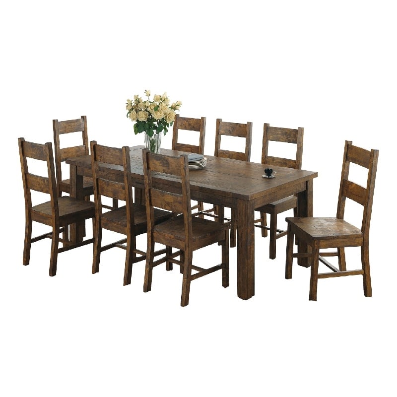 Pemberly Row 9 Pc Dining Table Set 8 Ladderback Side Chairs Rustic Golden Brown