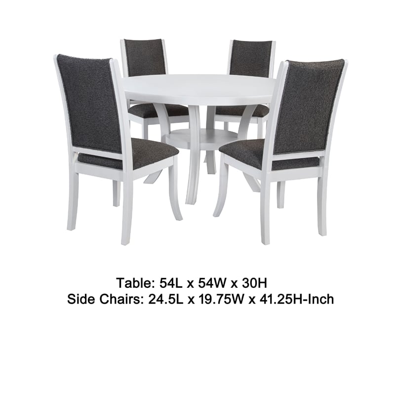 Pemberly Row 5 Pc Round Dining Table Set Flared Legs in Gray Fabric White Wood