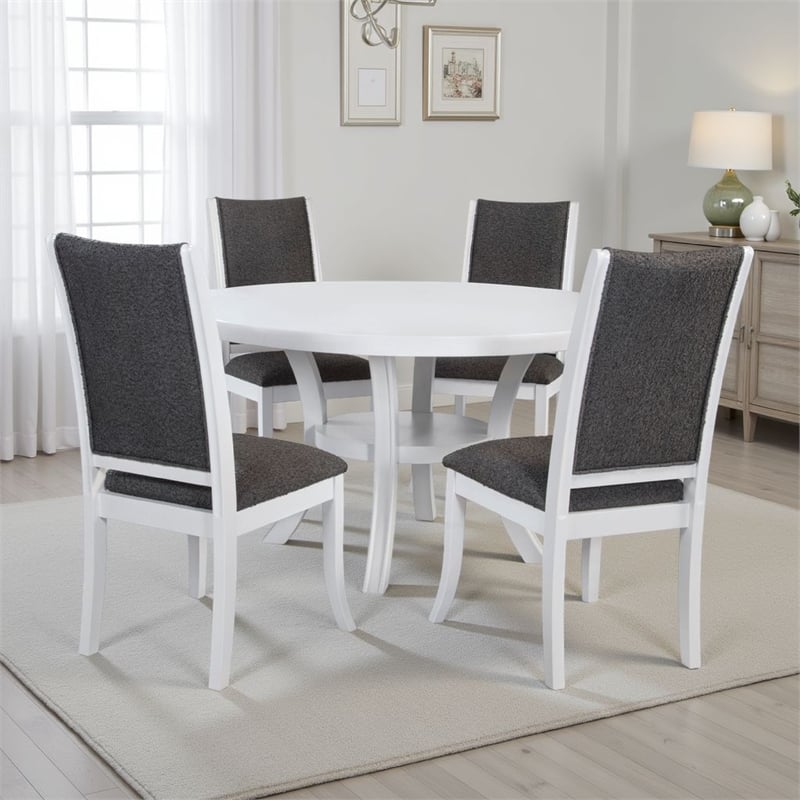 Pemberly Row 5 Pc Round Dining Table Set Flared Legs in Gray Fabric White Wood