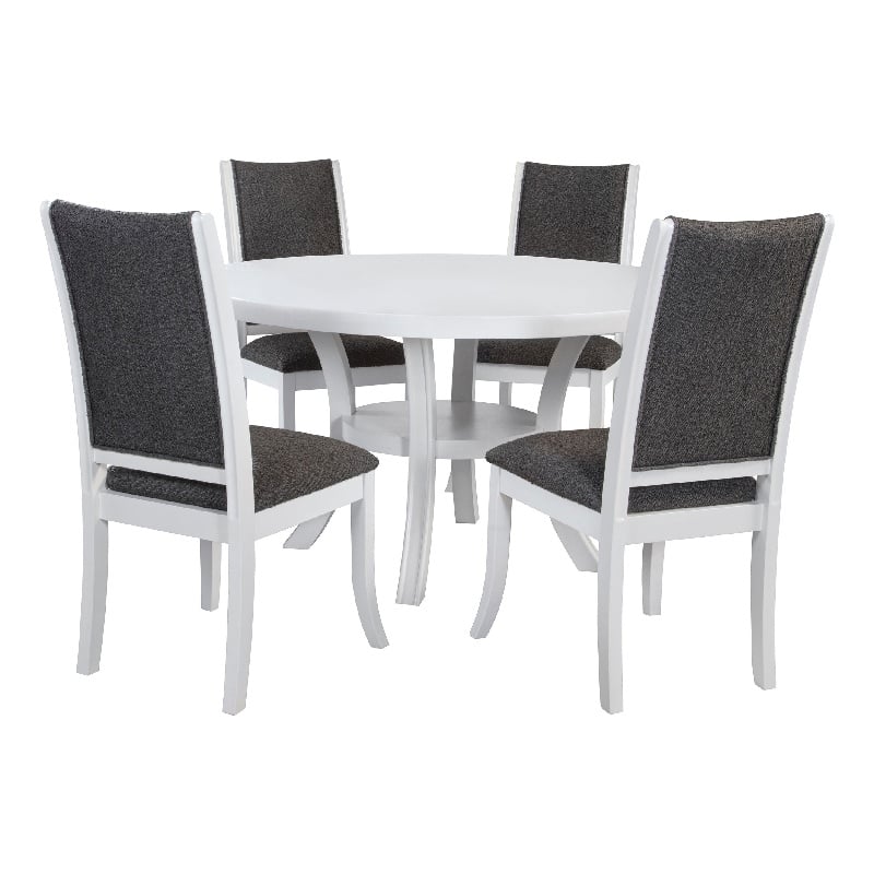 Pemberly Row 5 Pc Round Dining Table Set Flared Legs in Gray Fabric White Wood