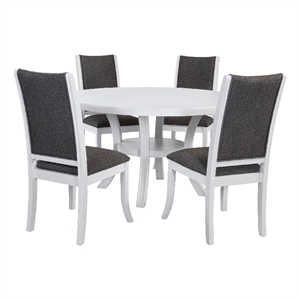 Pemberly Row 5 Pc Round Dining Table Set Flared Legs in Gray Fabric White Wood