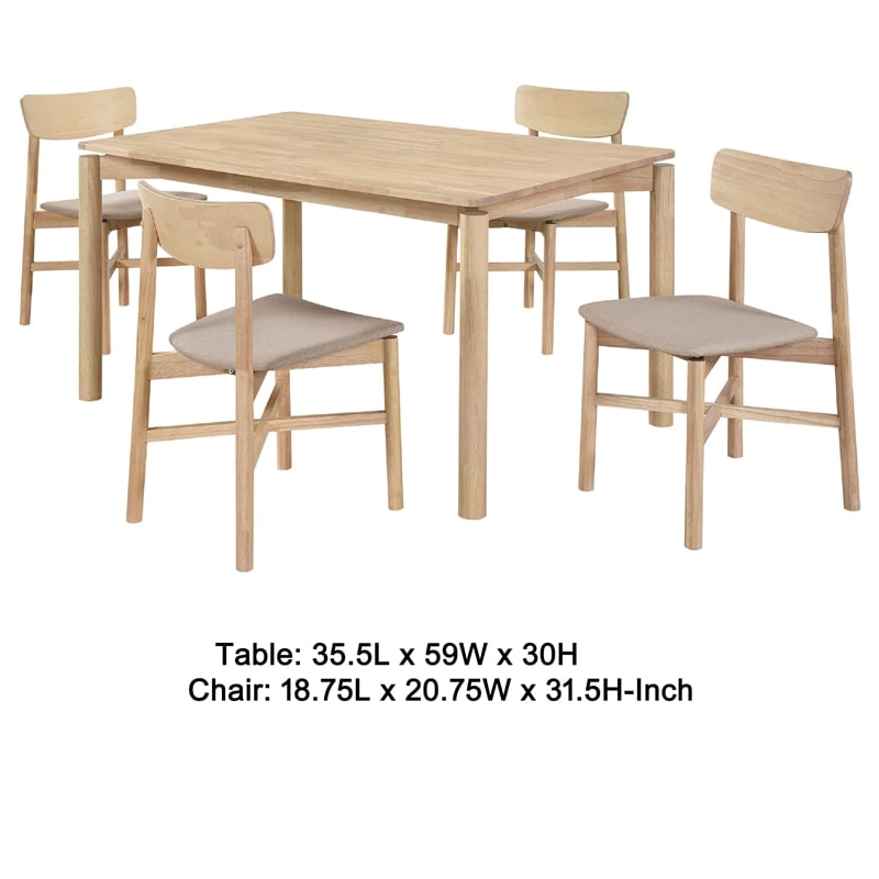 Pemberly Row 5Pc Dining Table Set w/ 4 Tan Brown Upholstered Chairs White Washed