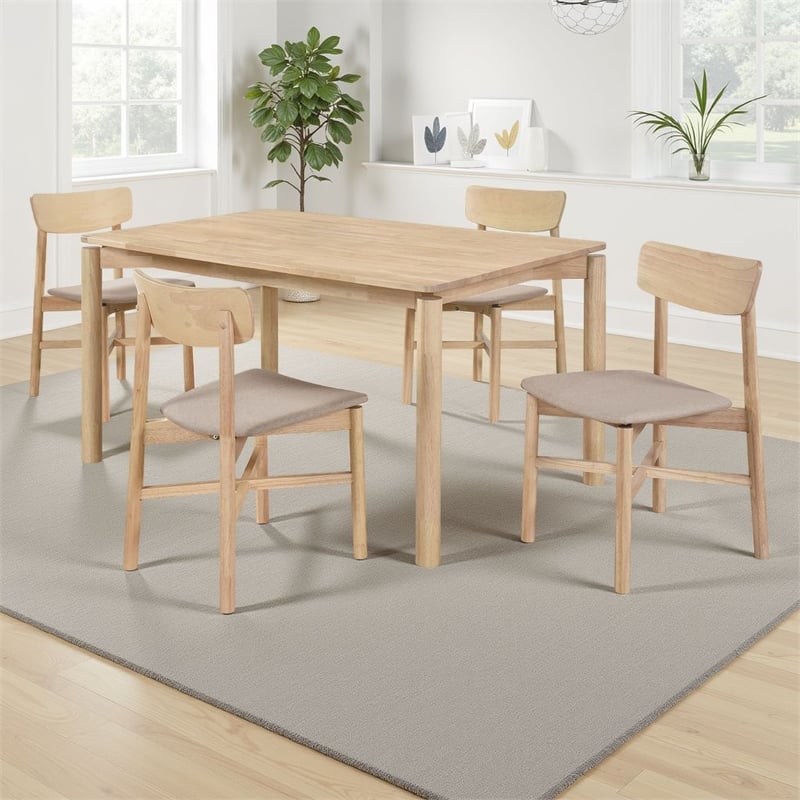 Pemberly Row 5Pc Dining Table Set w/ 4 Tan Brown Upholstered Chairs White Washed