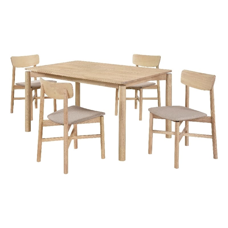 Pemberly Row 5Pc Dining Table Set w/ 4 Tan Brown Upholstered Chairs White Washed