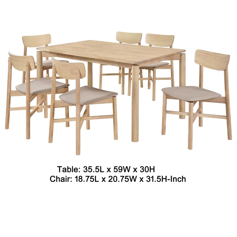 Pemberly Row 7Pc Dining Table Set w/ 6 Tan Brown Upholstered Chairs White Washed