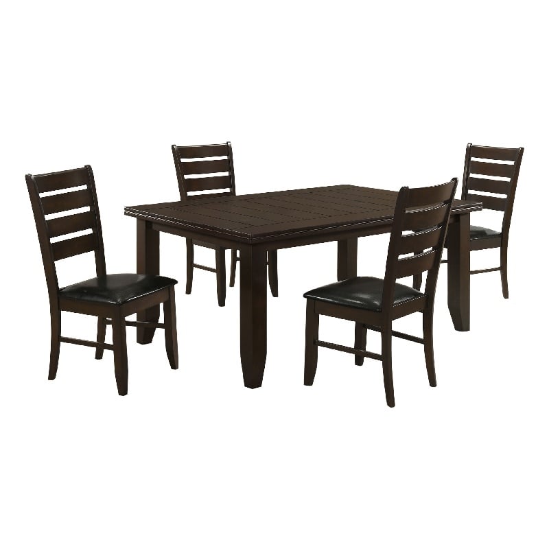Pemberly Row 5Pc Dining Table & 4 Chairs Set with Ladder Back Brown Faux Leather