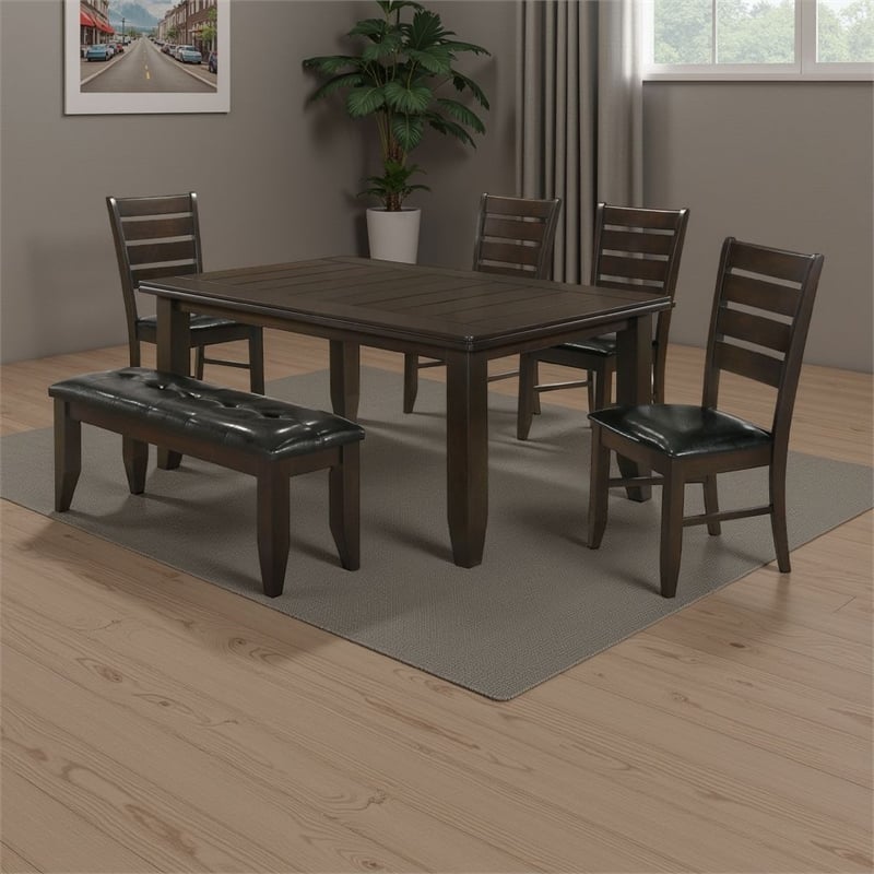 Pemberly Row 6 Piece Dining Table 4 Chairs and Bench Set Brown Faux Leather