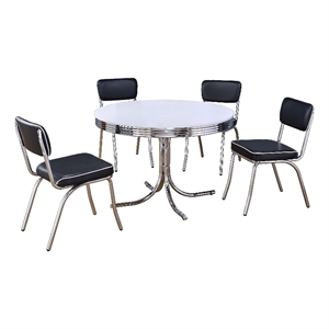 Pemberly Row 5Pc Dining Table & Chair Set in Black Faux Leather White Round