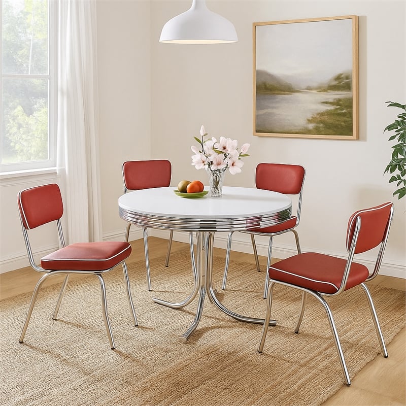 Pemberly Row 5Pc Dining Table & Chair Set in Red Faux Leather White Round Top