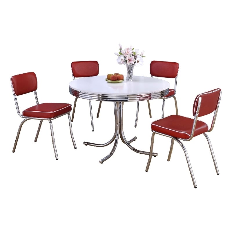 Pemberly Row 5Pc Dining Table & Chair Set in Red Faux Leather White Round Top