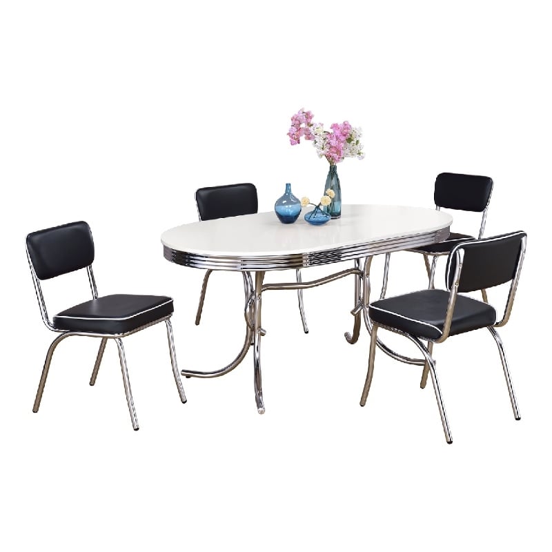 Pemberly Row 5 Pc Oval Dining Set with 4 Chairs Retro Design Chrome White Black