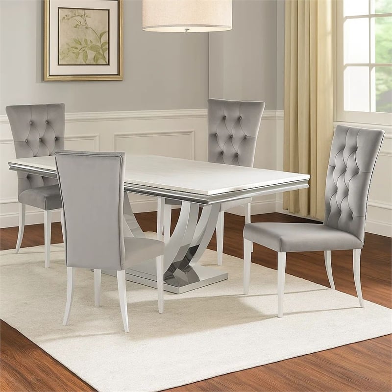 Pemberly Row 5 Piece Dining Table Set Modern Gray Faux Marble Top 4 Side Chairs