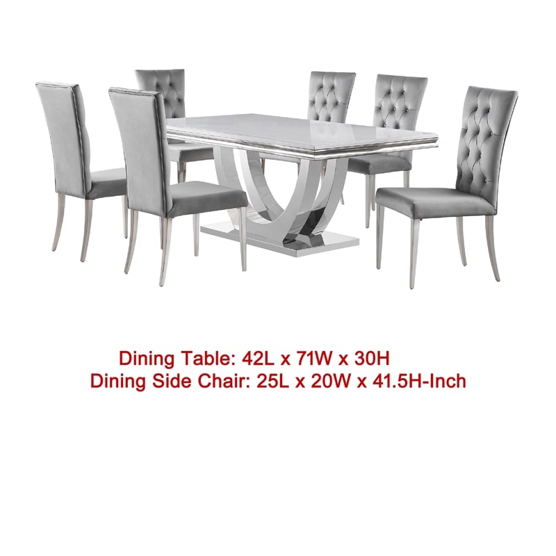 Pemberly Row 7 Piece Dining Table Set Modern Gray Faux Marble Top 6 Side Chairs