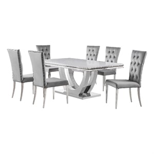 Pemberly Row 7 Piece Dining Table Set Modern Gray Faux Marble Top 6 Side Chairs