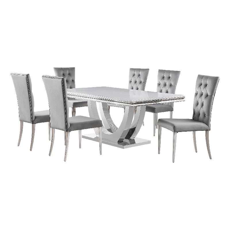 Pemberly Row 7 Piece Dining Table Set Modern Gray Faux Marble Top 6 Side Chairs