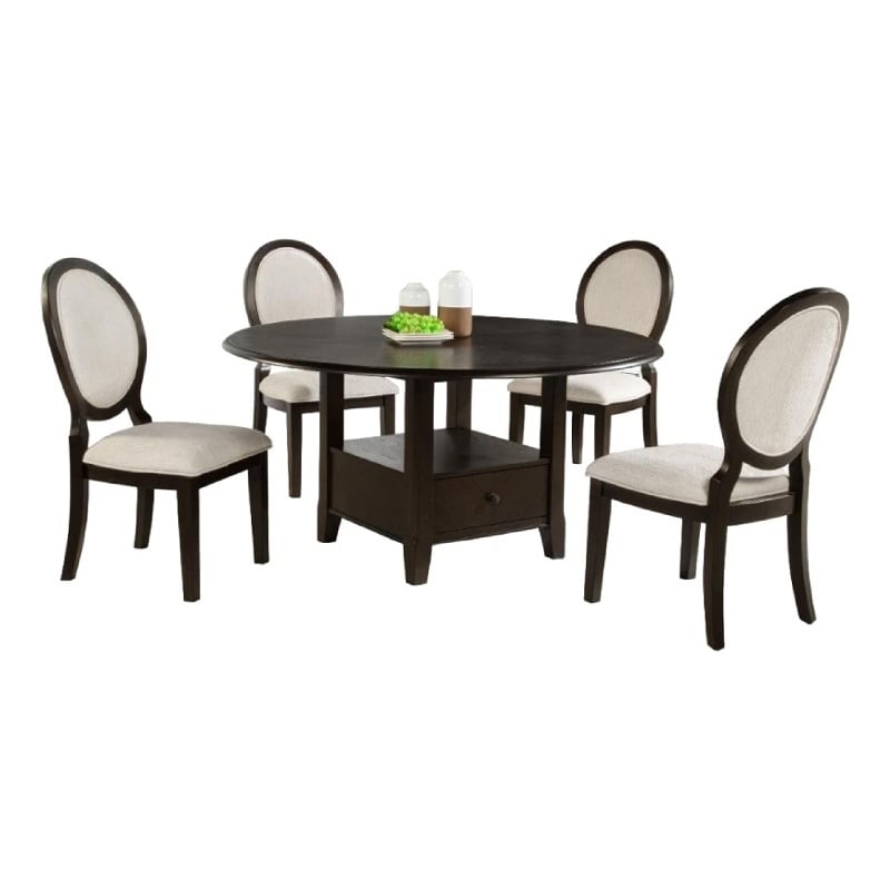 Pemberly Row 5 Piece Dining Table Set Dark Brown Round Wood Top Storage Base