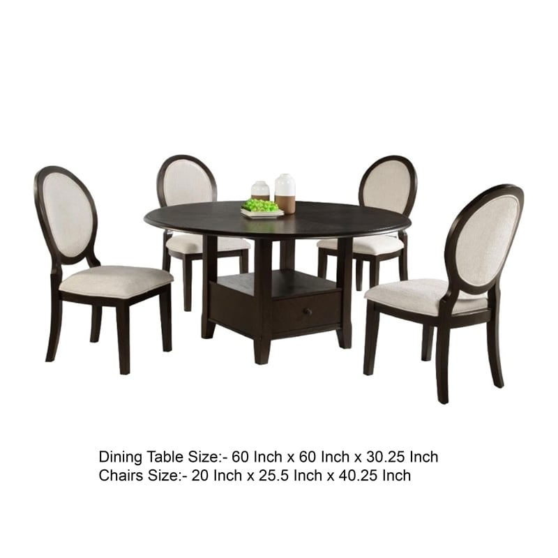 Pemberly Row 5 Piece Dining Table Set Dark Brown Round Wood Top Storage Base