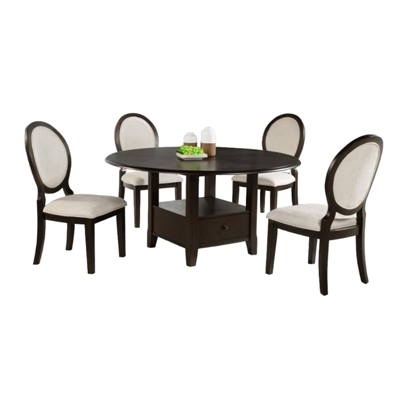 Pemberly Row 5 Piece Dining Table Set Dark Brown Round Wood Top Storage Base