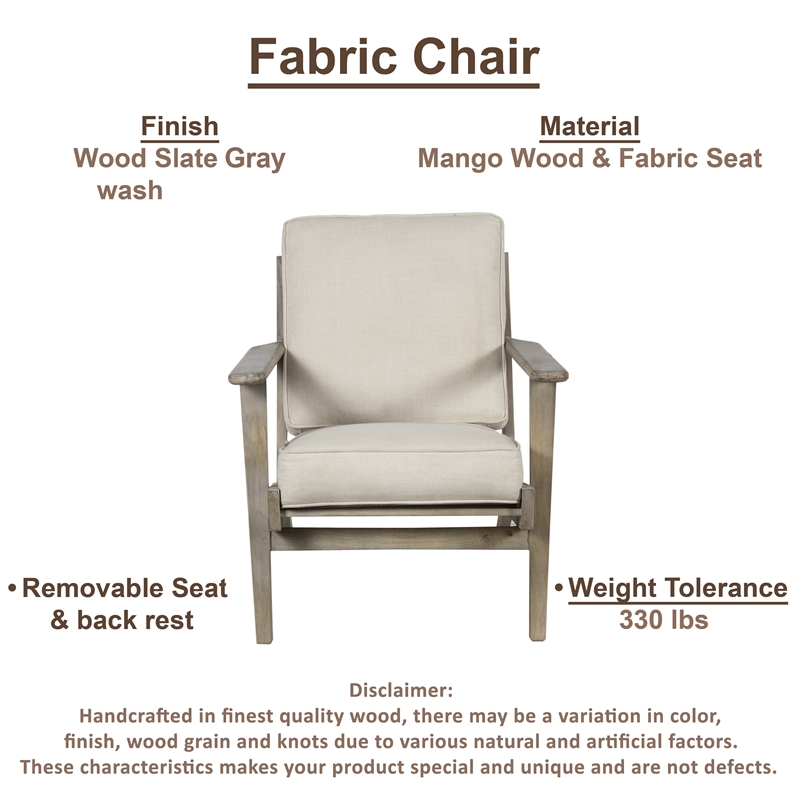Pemberly Row Chair Handcrafted Washed Mango Wood Fabric Cushions Angled Legs