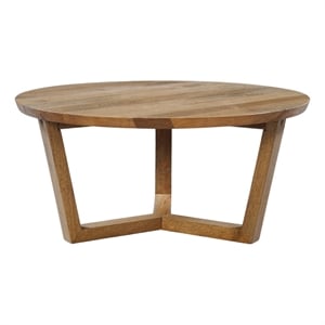 Pemberly Row 30 Inch Round Mango Wood Coffee Table Handcrafted 3 Leg Sled Base