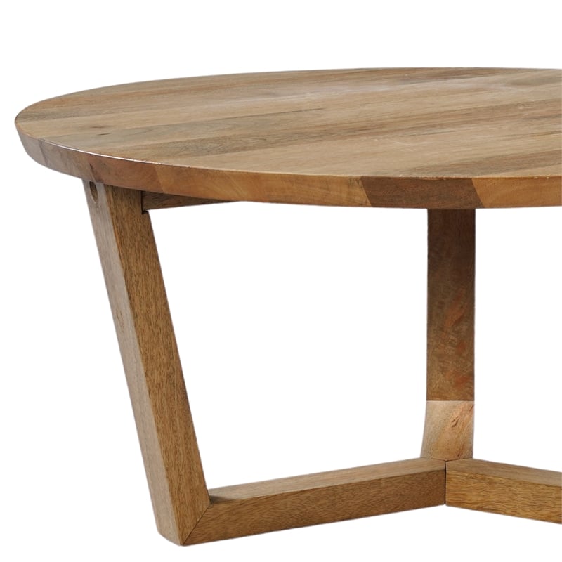 Pemberly Row 30 Inch Round Mango Wood Coffee Table Handcrafted 3 Leg Sled Base