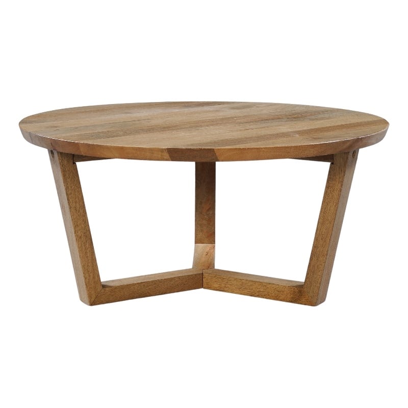 Pemberly Row 30 Inch Round Mango Wood Coffee Table Handcrafted 3 Leg Sled Base