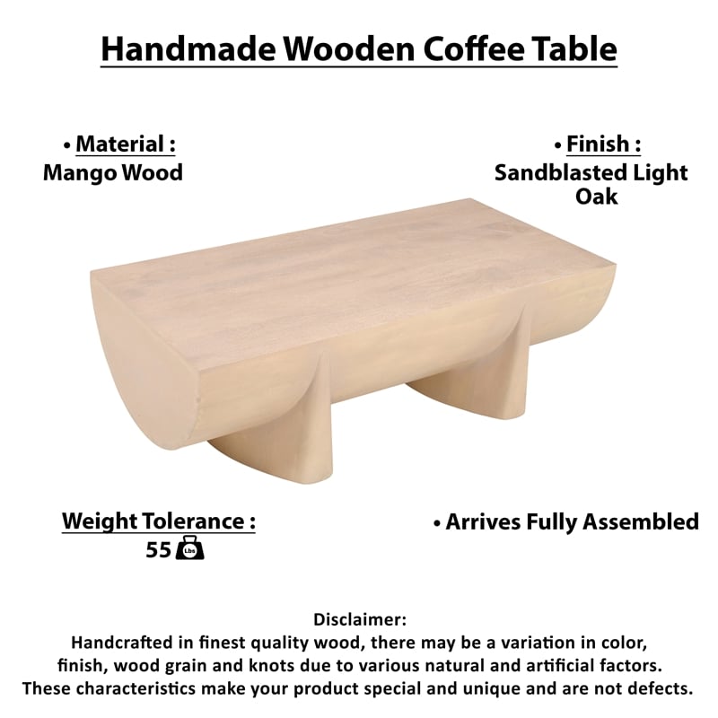 Pemberly Row 48 Inch Coffee Table Log Design Natural Mango Wood Hand Crafted