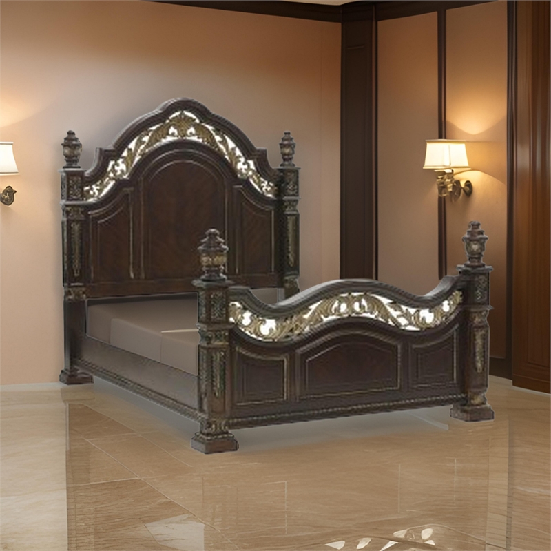 Pemberly Row Queen Bed w/ Classical Metal Scrollwork in Dark Cherry Brown & Gold