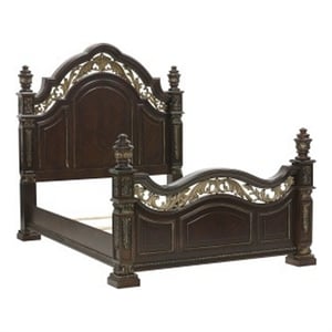 Pemberly Row Queen Bed w/ Classical Metal Scrollwork in Dark Cherry Brown & Gold
