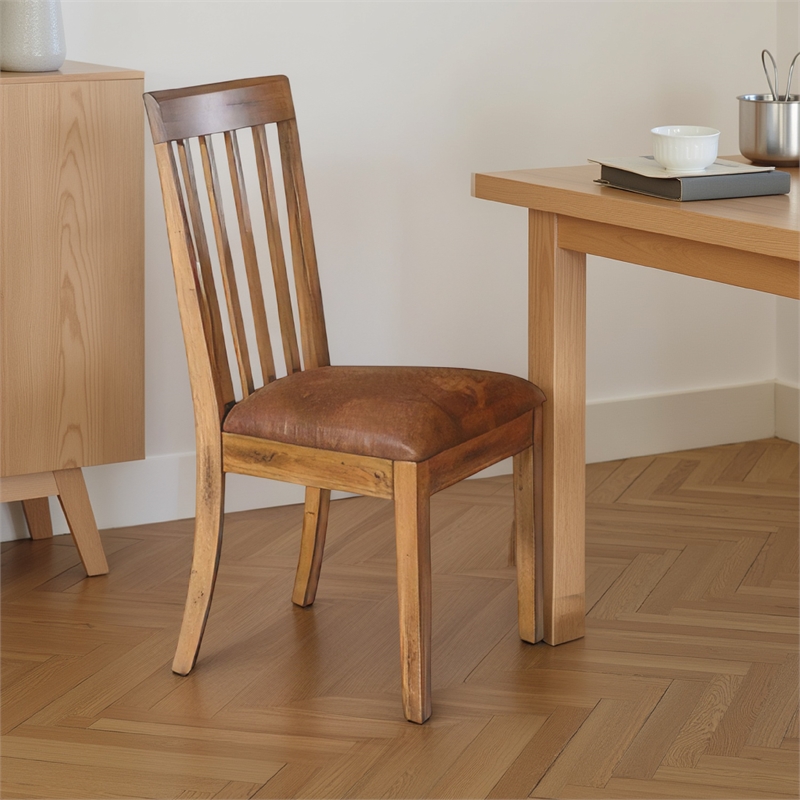 Pemberly Row Set of 2 Slat Back Dining Chairs in Light Brown Microfiber