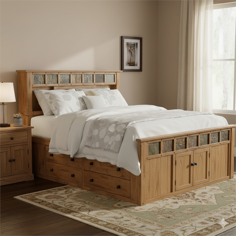 Pemberly Row Queen Bed with Storage Footboard & Bookcase Headboard in Brown