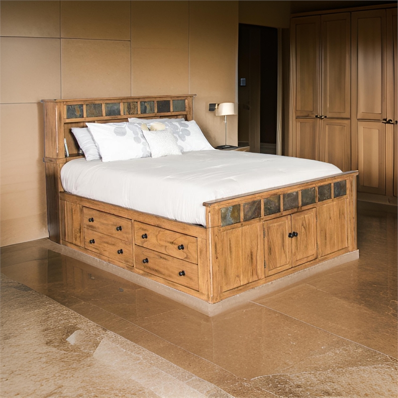 Pemberly Row Queen Bed with Storage Footboard & Bookcase Headboard in Brown