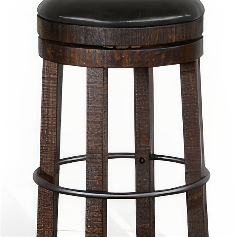 Pemberly Row Swivel Barstool Set of 2 in Black Faux Leather Dark Brown Wood