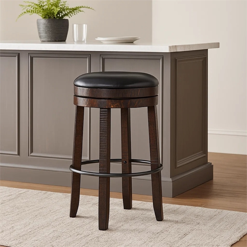 Pemberly Row Swivel Barstool Set of 2 in Black Faux Leather Dark Brown Wood