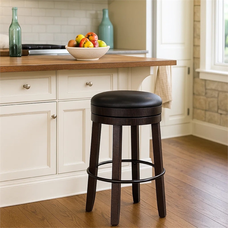 Pemberly Row Swivel Barstool Set of 2 in Black Faux Leather Dark Brown Wood
