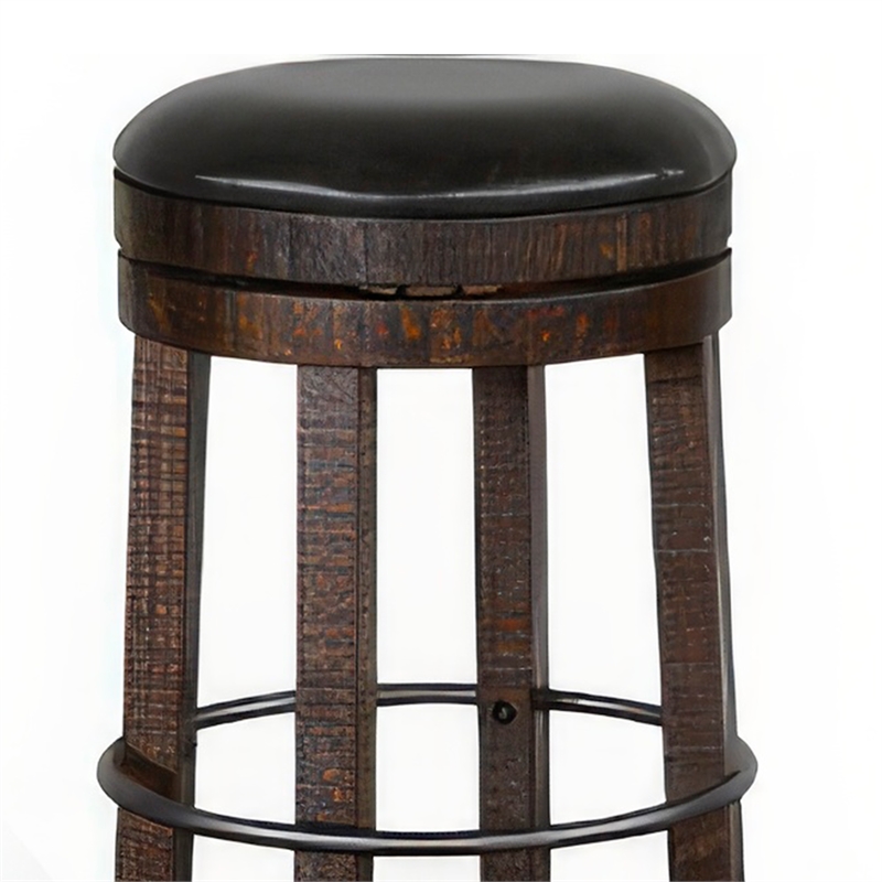 Pemberly Row Swivel Barstool Set of 2 in Black Faux Leather Dark Brown Wood