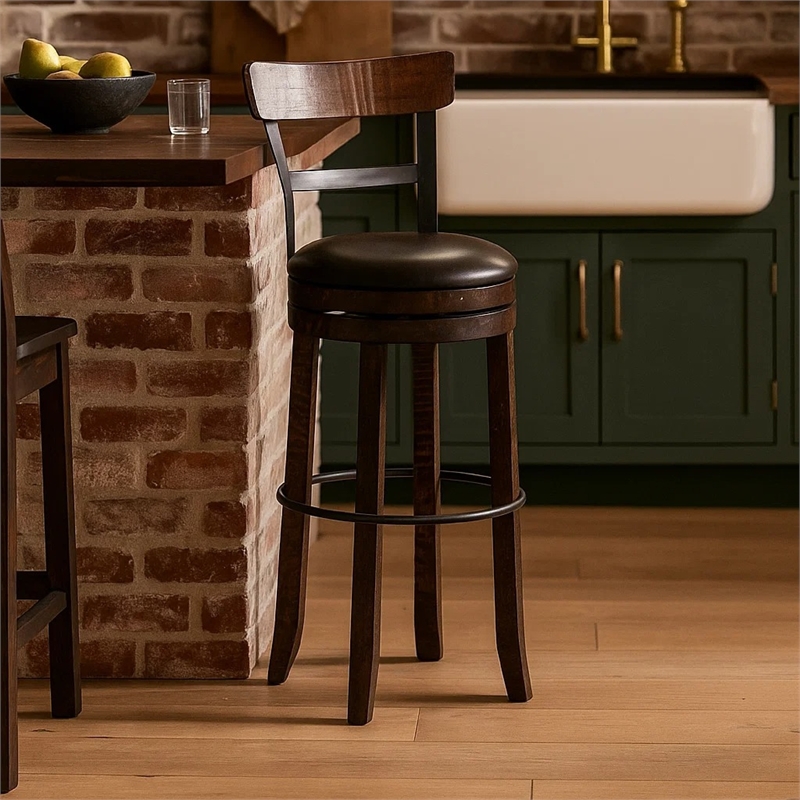 Pemberly Row Swivel Barstool Chair Set of 2 in Black Faux Leather Dark Brown