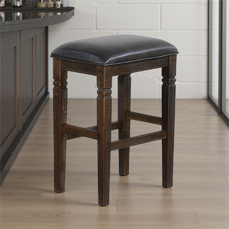 Pemberly Row Backless Barstool Set of 2 w/ Plush Black Vinyl Seat in Dark Brown