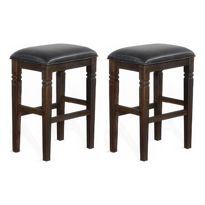 Pemberly Row Backless Barstool Set of 2 w/ Plush Black Vinyl Seat in Dark Brown