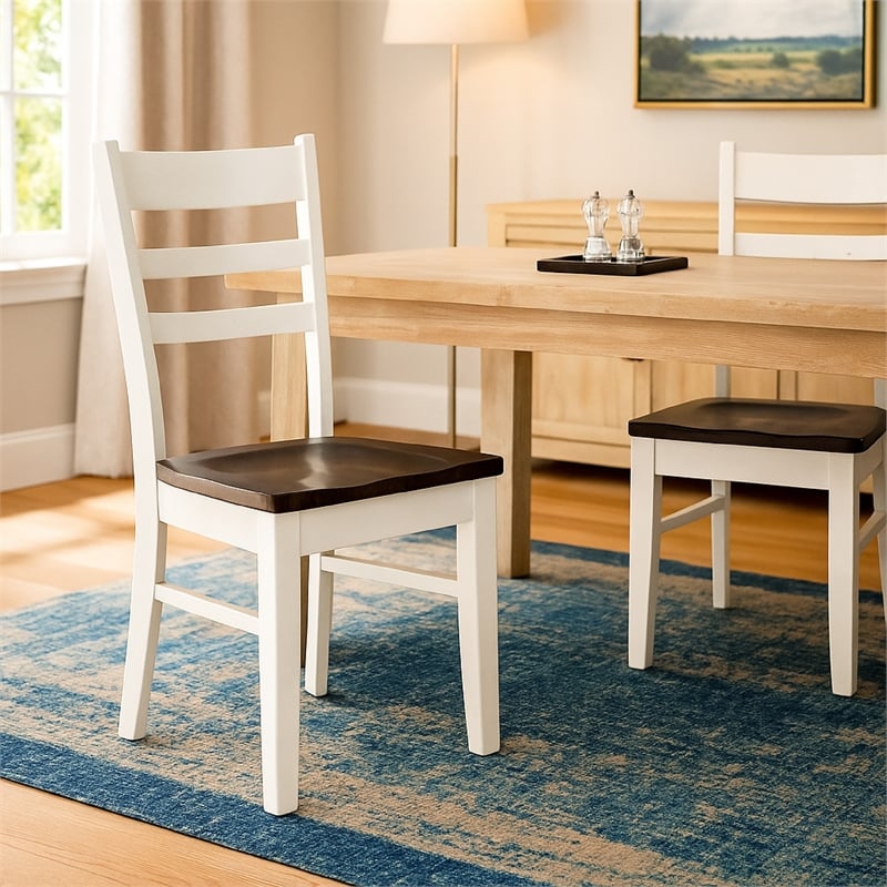 Pemberly Row Dining Chair Set of 2 Ladderback in White and Dark Brown