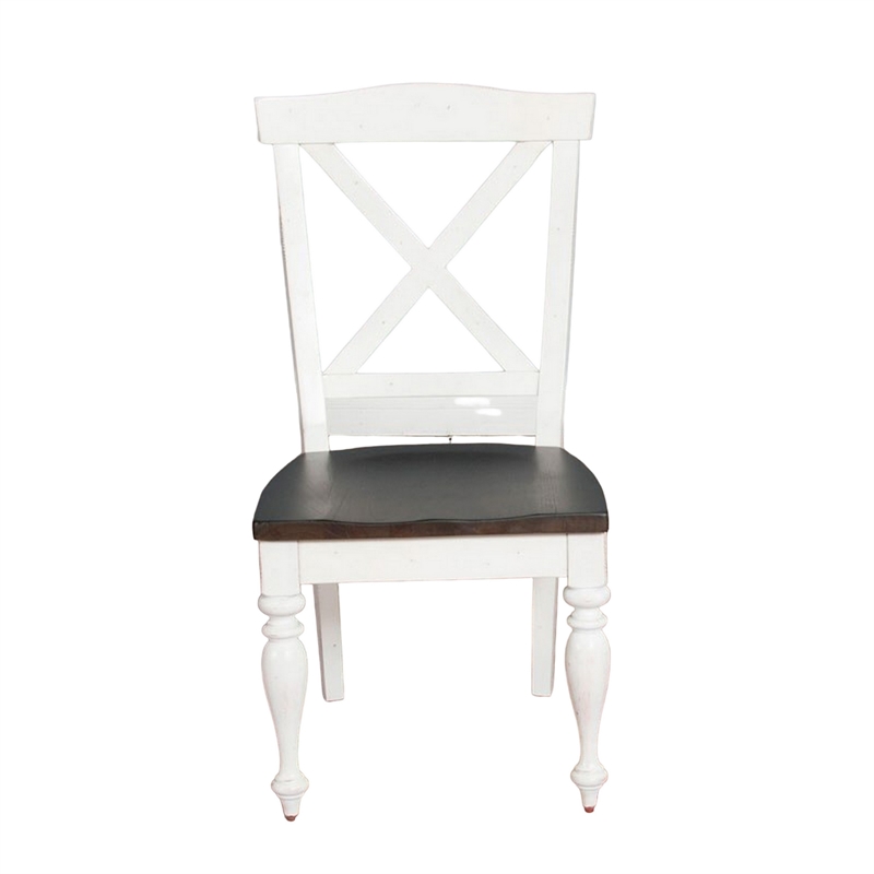 Pemberly Row Dining Side Chair Set of 2 Crossback with Brown Wood Seat in White