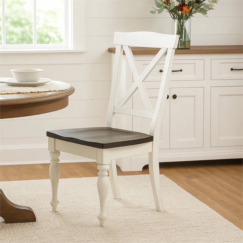 Pemberly Row Dining Side Chair Set of 2 Crossback with Brown Wood Seat in White