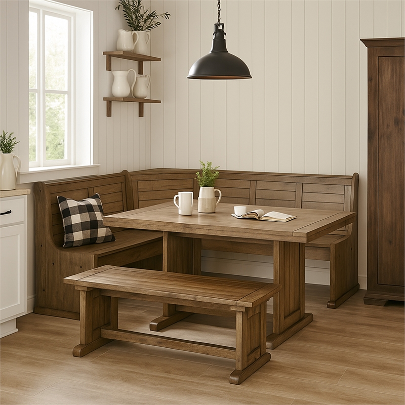 Pemberly Row 4pc Corner Breakfast Nook Set with Brown Dining Table and Bench